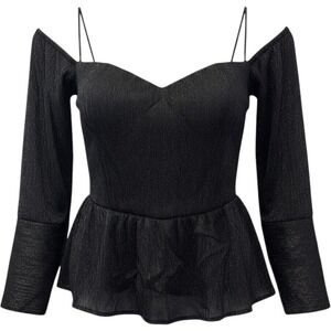En Elly Black Shimmer Off Shoulder Peplum Top Sweetheart‎ Neck Long Sleeve M